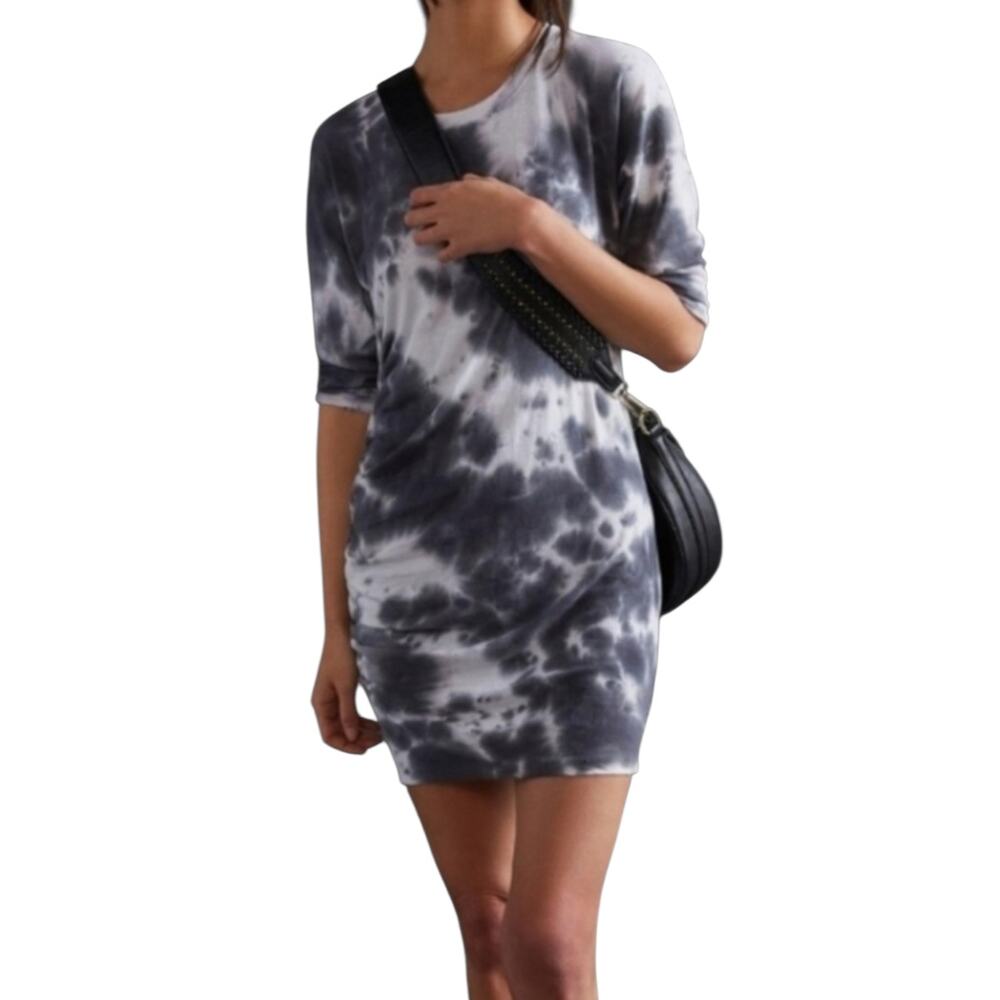 Anthropologie Sundry Ruched Tie Dye Mini Dress Gray White Cotton  Crewneck 0 XS